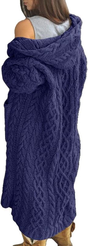 NIUBIA Womens Casual Long Sleeve Open Cardigan Warm Hooded Outwear Coat Cable Knit Long Cardigan Sweaters with Pockets