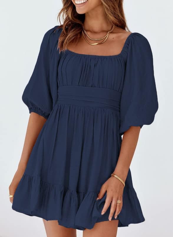 Dokotoo Womens Summer Dresses Square Neck Tie Back Lantern Sleeve Ruffle A-Line Casual Dress