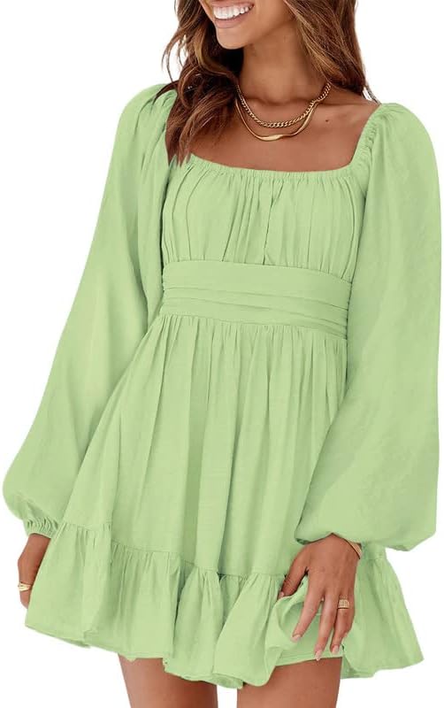 Dokotoo Womens Dress Long Lantern Sleeve Square Neck Tie Backless Sexy Dress Ruffle Elastic Waist A-Line Mini Dress