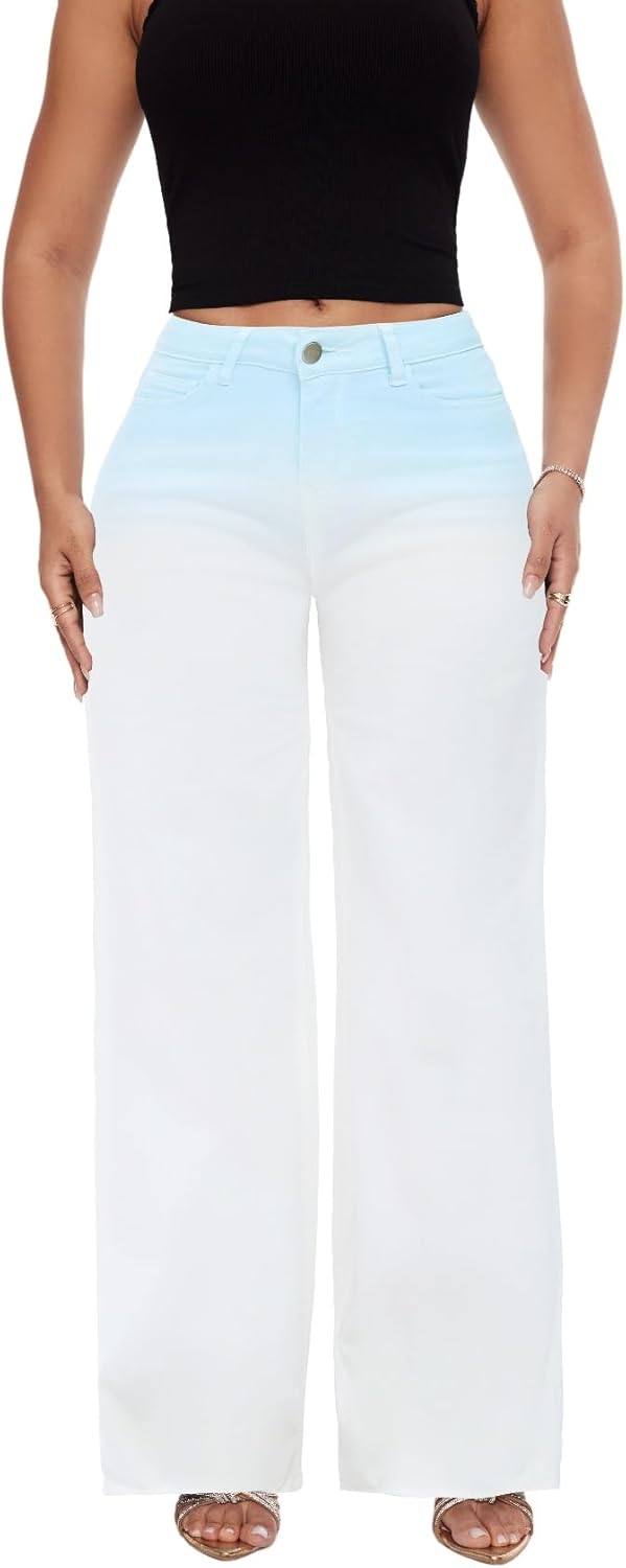 ONESO Mid-Low Rise Baggy Jeans Wide Leg for Women Distressed Pants Stretchy Bottom Lady Basic Comfortable Denim