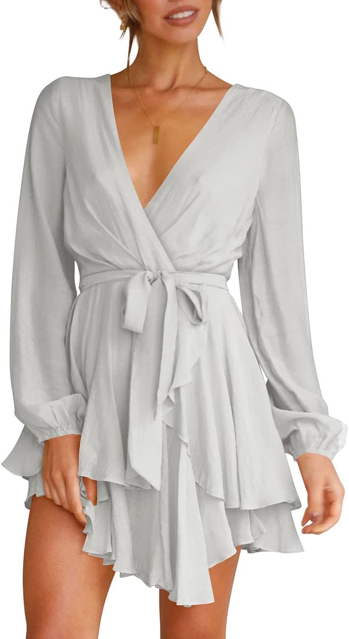 Cosonsen Women's Dress Deep V-Neck Long Sleeve Waist Tie Ruffle Mini Swing Skater Dresses