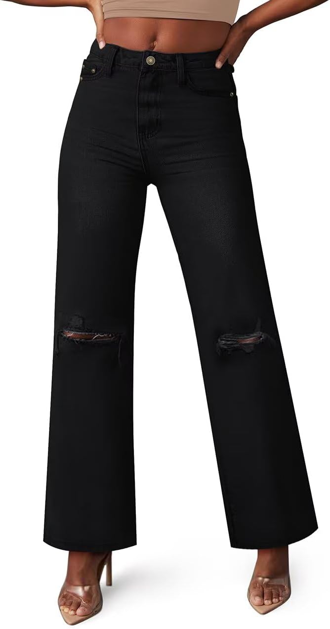 KDF Straight Leg Jeans for Women High Waisted Jeans Frayed Baggy Pants Raw Hem Loose Stretchy Cropped Wide Leg Jeans