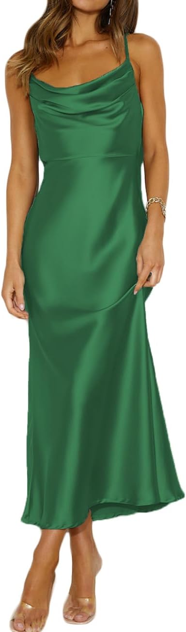Summer Satin Spaghetti Strap Cowl Neck Backless Midi Dresses for Women Elegant Tie Low Back Ruched Cocktail Dress