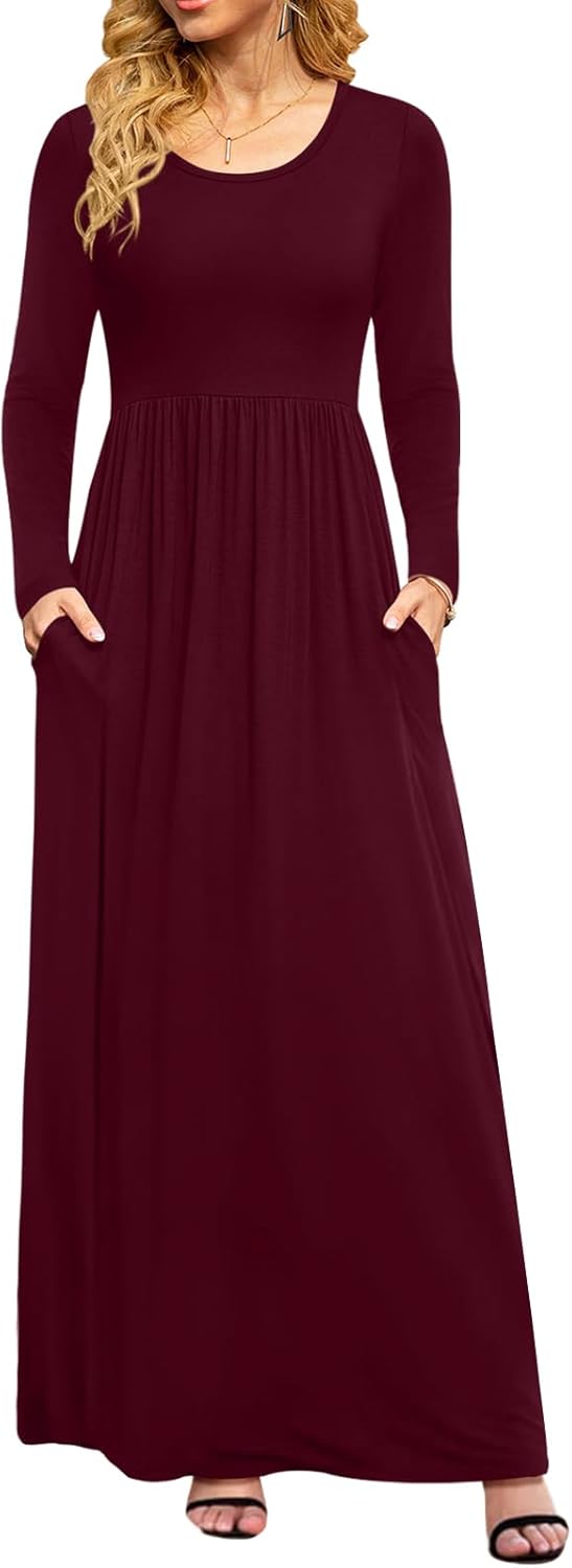 DB MOON Women Casual Long Sleeve Maxi Dresses Empire Waist Long Dress with Pockets