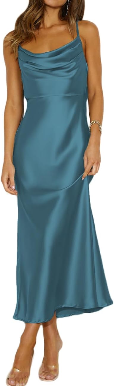 Summer Satin Spaghetti Strap Cowl Neck Backless Midi Dresses for Women Elegant Tie Low Back Ruched Cocktail Dress
