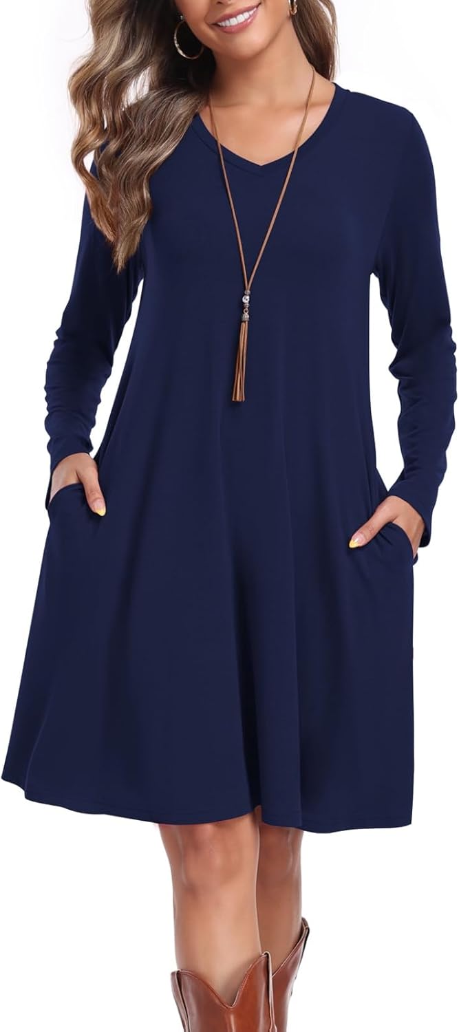 Women's Casual T Shirt Dresses Fall Long Sleeve Swing Dress with Pockets