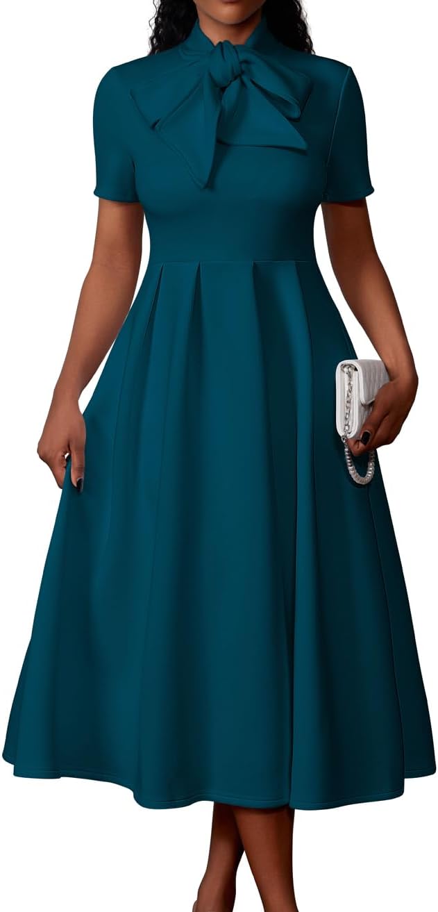 Memoriesea Women's Elegant Casual Short Sleeve Work Party A-Line Dress with Pockets