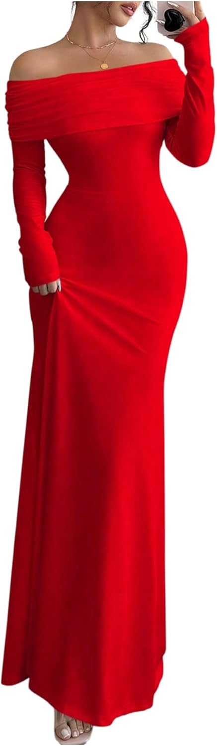 SOLY HUX Women's Long Sleeve Off The Shoulder Bodycon Dress Elegant Maxi Dress Cocktail Prom Dresses
