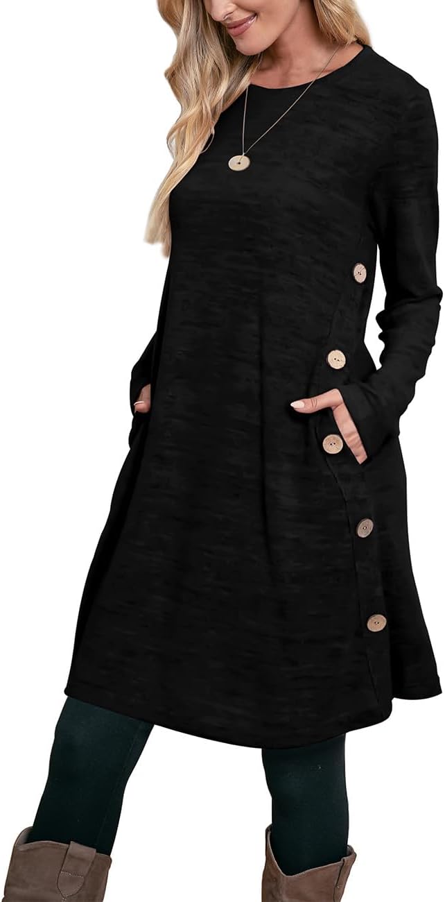 OFEEFAN Long Sleeve Dress for Women Crew Neck Tunic Dress with Pockets Buttons Side