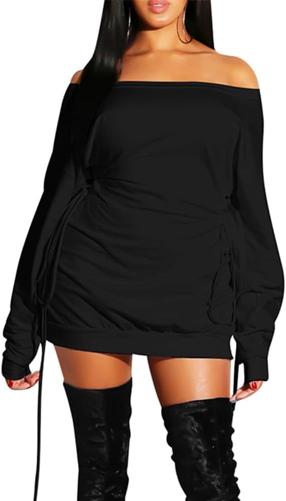 GOKATOSAU Women's Sexy Casual Off Shoulder Long Sleeve Lace Up Loose Club Mini Dress