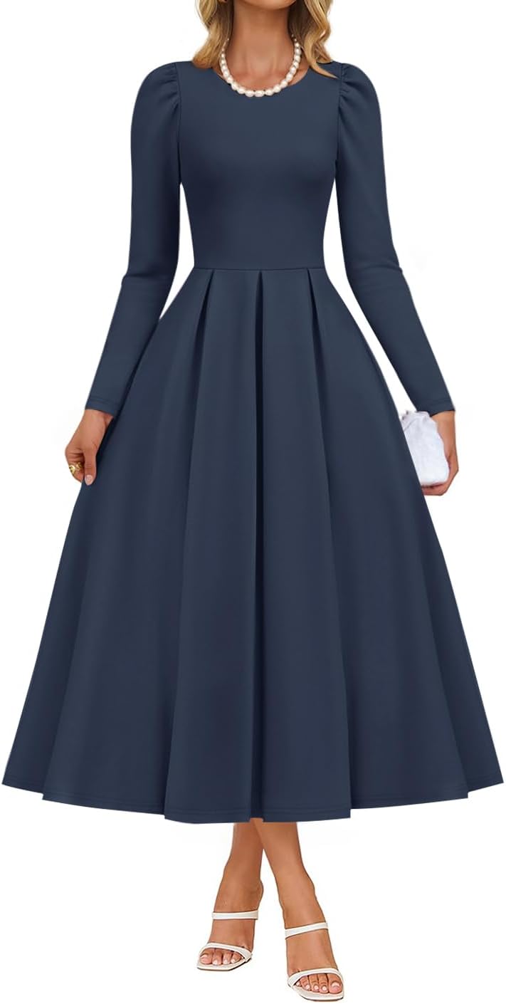 ZESICA Women's Long Sleeve Midi Dresses 2025 Fall Elegant Crewneck Swing A Line Wedding Guest Party Dress with Pockets