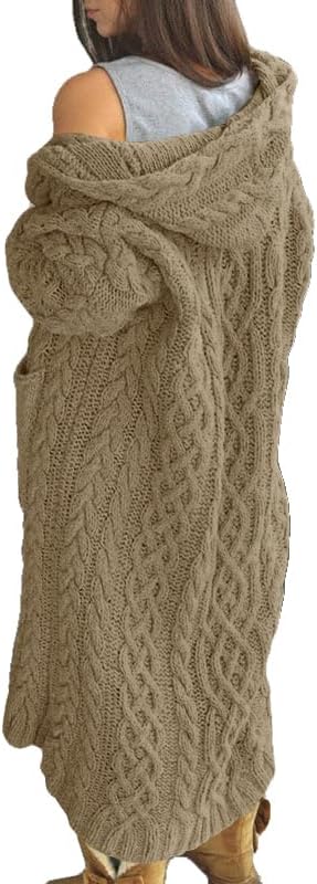 NIUBIA Womens Casual Long Sleeve Open Cardigan Warm Hooded Outwear Coat Cable Knit Long Cardigan Sweaters with Pockets