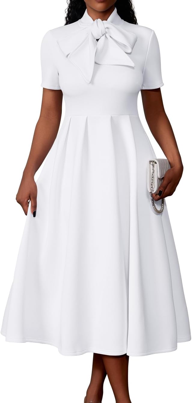 Memoriesea Women's Elegant Casual Short Sleeve Work Party A-Line Dress with Pockets
