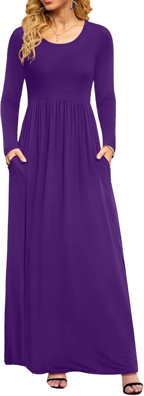 DB MOON Women Casual Long Sleeve Maxi Dresses Empire Waist Long Dress with Pockets