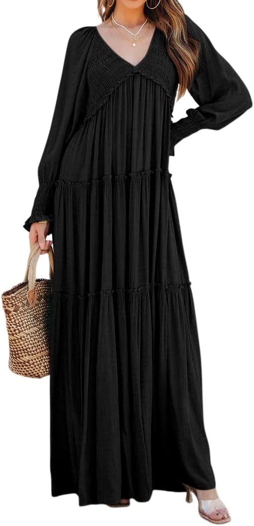 R.Vivimos Maxi Dress for Women Long Sleeve V Neck Empire Waist Layered Ruffle Boho Casual Flowy Long Dresses