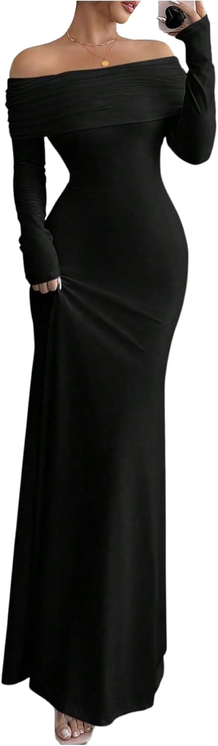 SOLY HUX Women's Long Sleeve Off The Shoulder Bodycon Dress Elegant Maxi Dress Cocktail Prom Dresses
