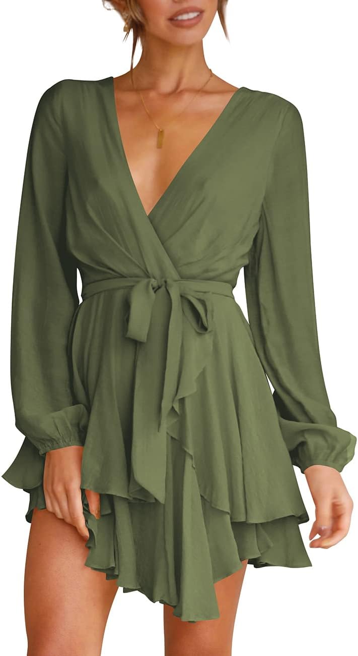 Cosonsen Women's Dress Deep V-Neck Long Sleeve Waist Tie Ruffle Mini Swing Skater Dresses