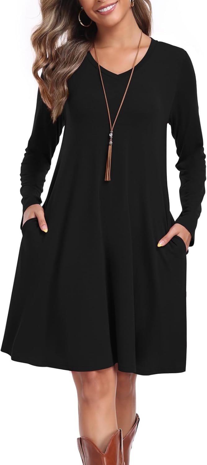 Women's Casual T Shirt Dresses Fall Long Sleeve Swing Dress with Pockets