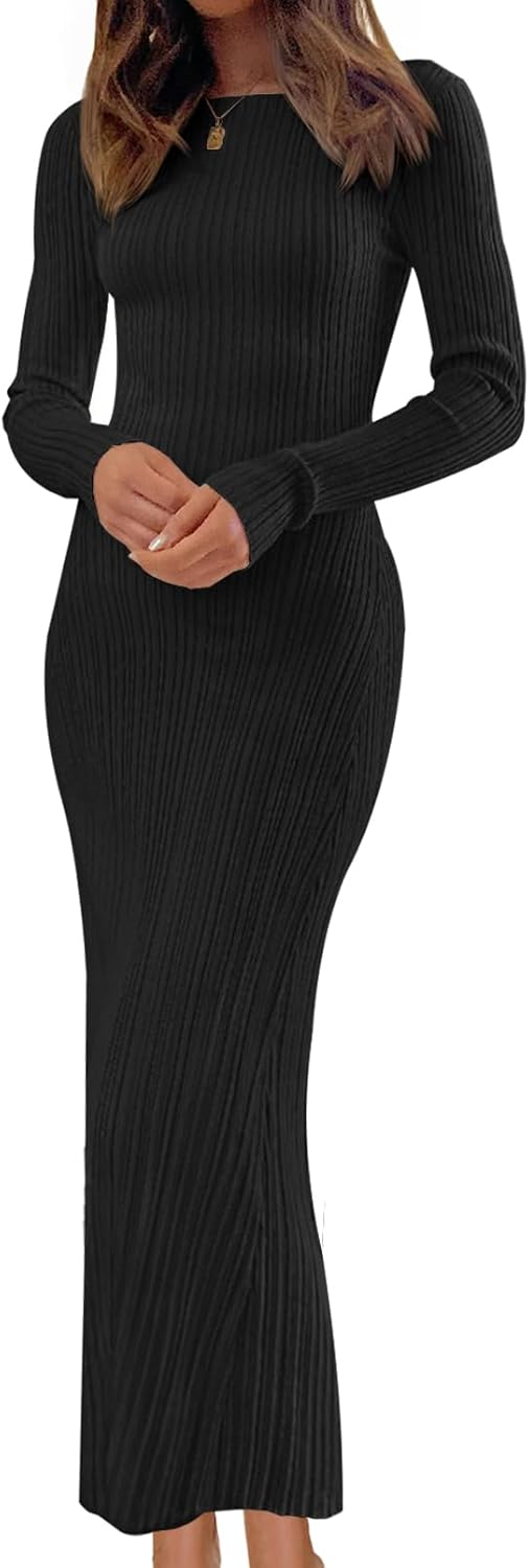 MEROKEETY Women's 2025 Long Sleeve Bodycon Sweater Dress Fall Winter Crew Neck Ribbed Knit Maxi Dresses