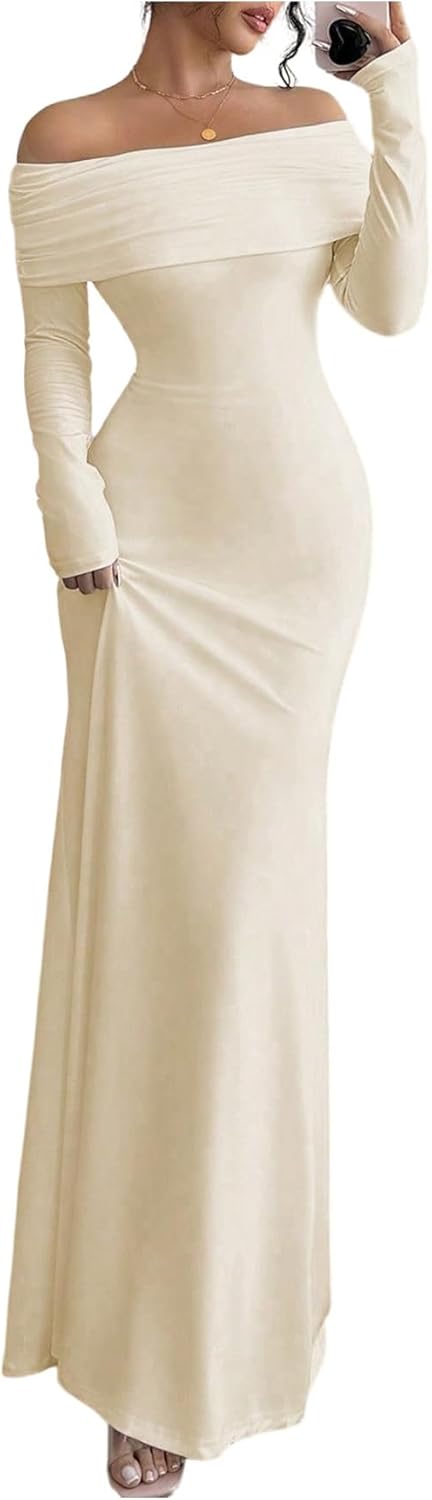 SOLY HUX Women's Long Sleeve Off The Shoulder Bodycon Dress Elegant Maxi Dress Cocktail Prom Dresses