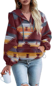 Fessceruna Womens Aztec Half Zip Up Hoodies Sweatshirt Casual Long Sleeve Oversized Ethnic Tribal Hooded Pullover Shirt Top