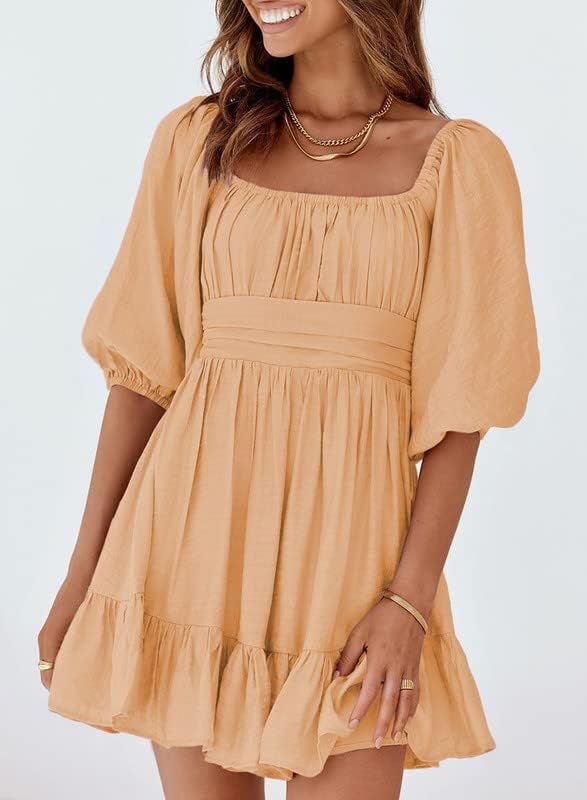 Dokotoo Womens Summer Dresses Square Neck Tie Back Lantern Sleeve Ruffle A-Line Casual Dress