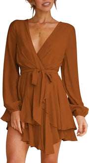 Cosonsen Women's Dress Deep V-Neck Long Sleeve Waist Tie Ruffle Mini Swing Skater Dresses