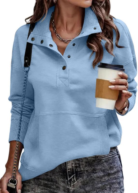 SHEWIN Women's Casual Long Sleeve Stand Neck Sweatshirt Lightweight Button Drawstring Pullover Tops