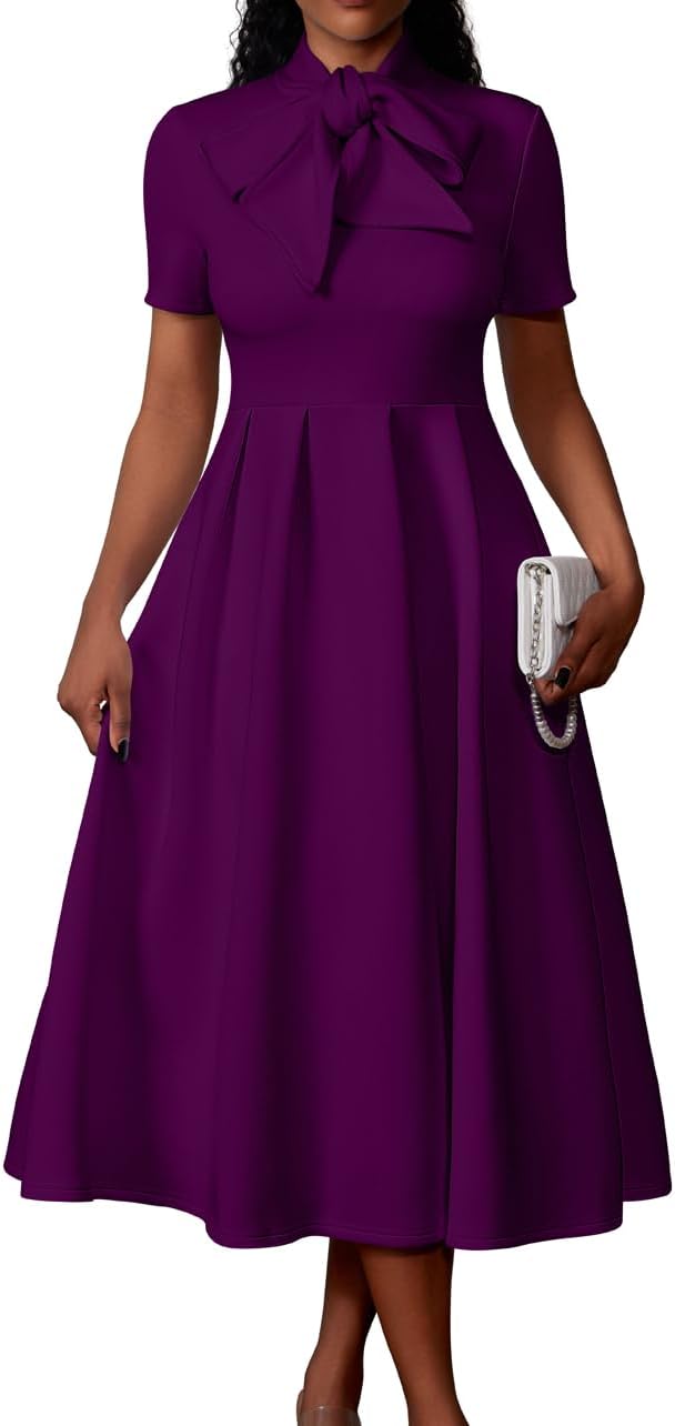 Memoriesea Women's Elegant Casual Short Sleeve Work Party A-Line Dress with Pockets
