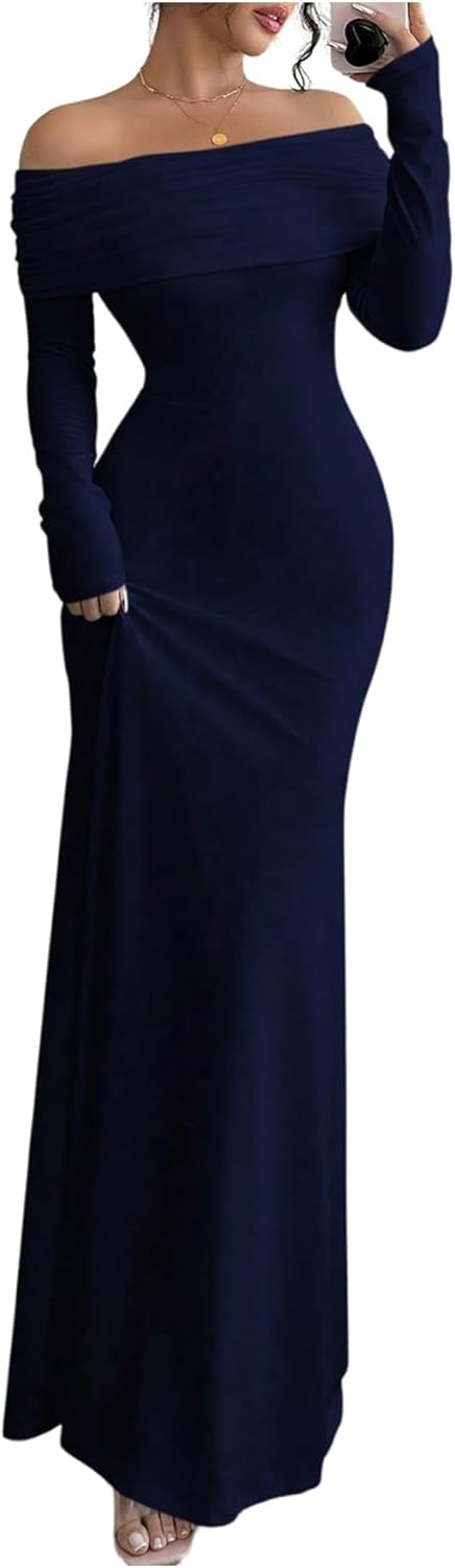 SOLY HUX Women's Long Sleeve Off The Shoulder Bodycon Dress Elegant Maxi Dress Cocktail Prom Dresses