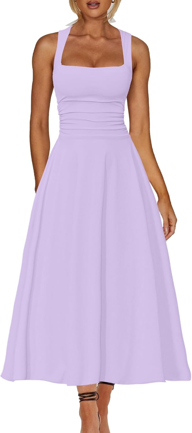 Kaximil Women's Square Neck Corset A Line Maxi Dress Ruffle Ruched Waist Flowy Long Dresses