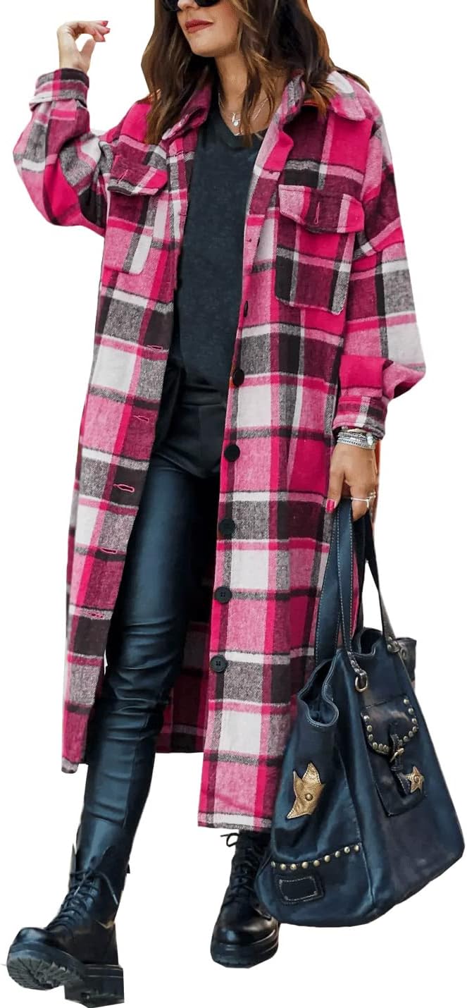 SKIKYAN Women Fall Flannel Plaid Shacket Jacket Oversized Button Down Long Shirt Jacket