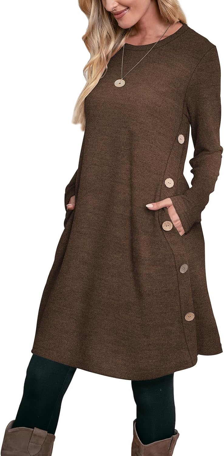 OFEEFAN Long Sleeve Dress for Women Crew Neck Tunic Dress with Pockets Buttons Side