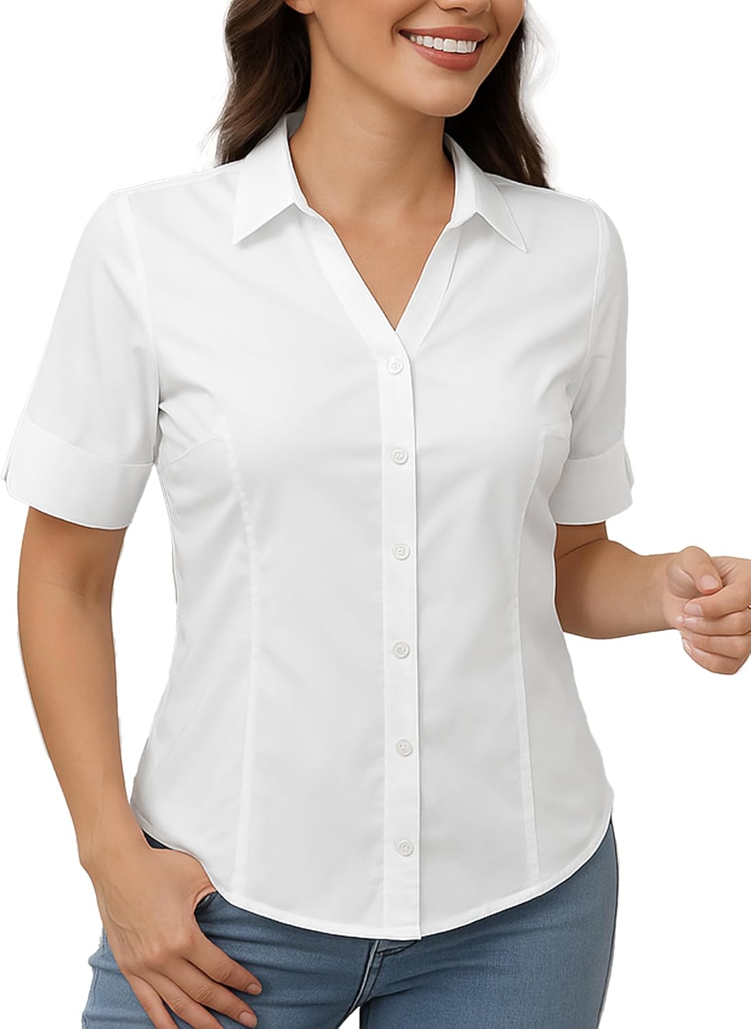 SUNNOW Womens Button Down Shirts Tailored Short Sleeve Shirt Basic Simple Stretch Wrinkle Free Formal Work Blouses