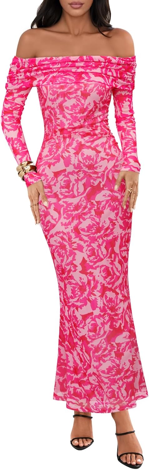 MEROKEETY Women's Fall Off Shoulder Floral Maxi Dresses Formal Long Sleeve Bodycon Cocktail Wedding Guest Dress