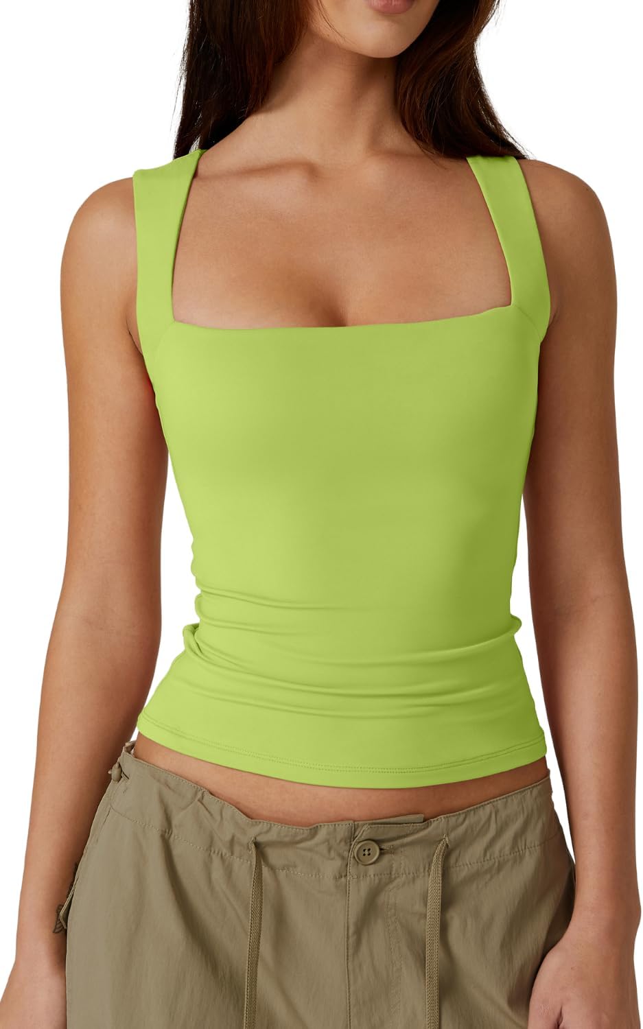 QINSEN Women's Square Neck Sleeveless Double-Layer Tank Tops Basic Tight T Shirts