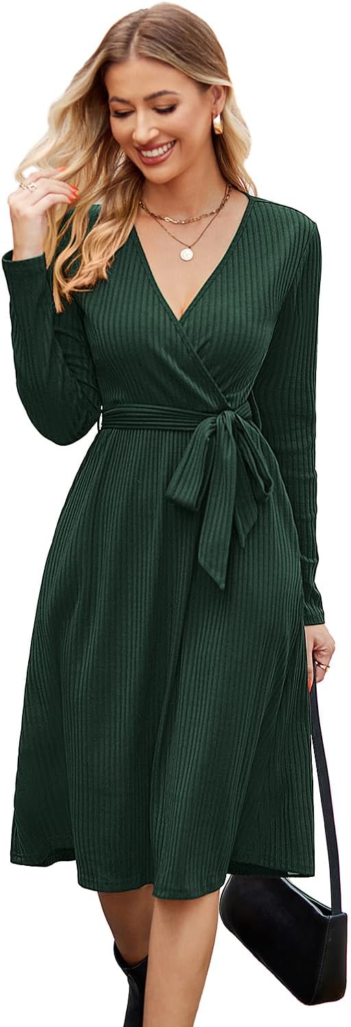Newshows Womens 2025 Fall Dresses Teacher Church Business Casual Work Outfits Knit Midi Sweater Pockets Belt Dress