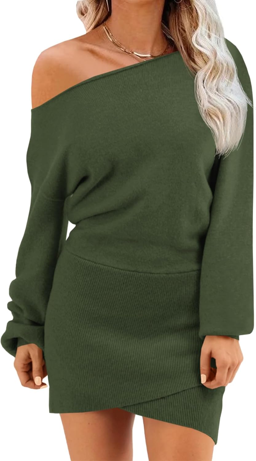 Wenrine Women's Off The Shoulder Sweater Dress 2025 Fall Winter Casual Long Sleeve Knit Slim Fit Pullover Mini Dresses