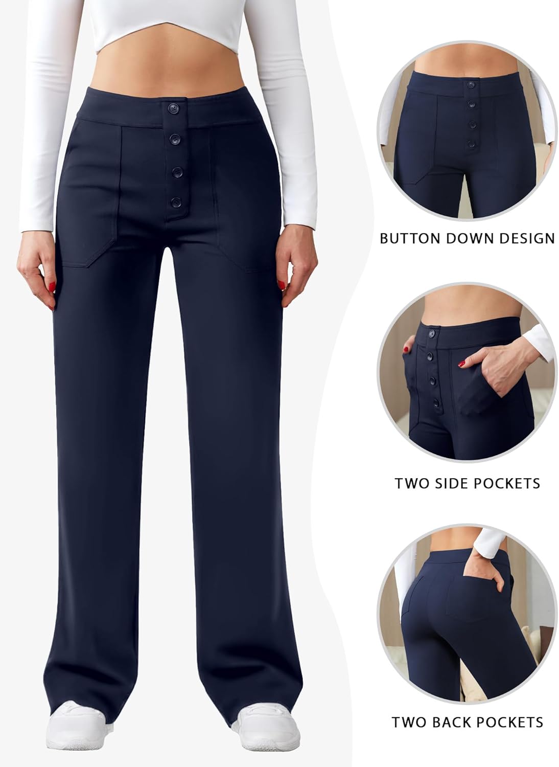 Womens Casual High Waist Straight Leg Pants Stretchy Button Business Dress Work Pocket Trousers