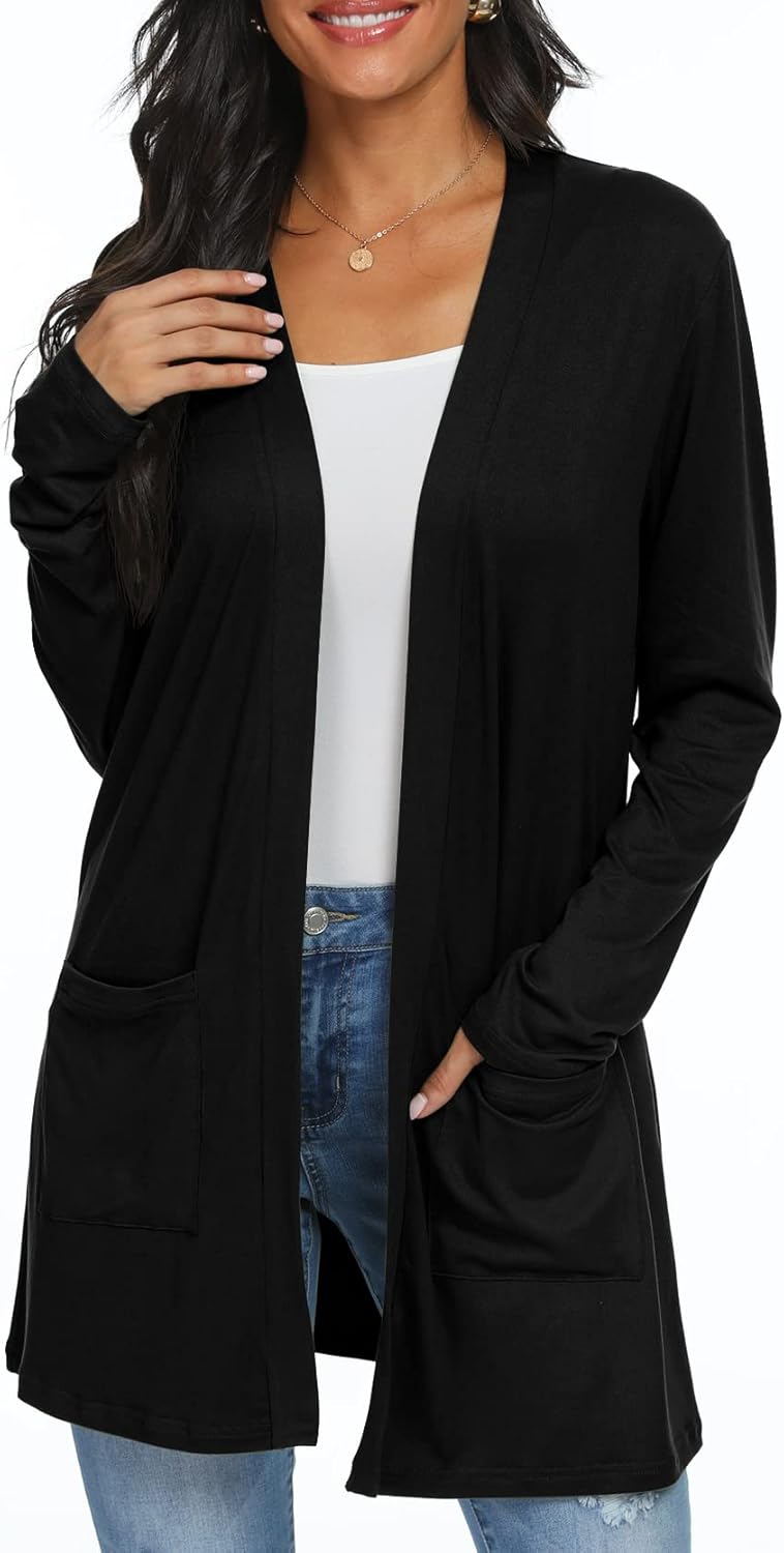 Womens Casual Lightweight with Pocketes Long Sleeve Open Front Cardigan