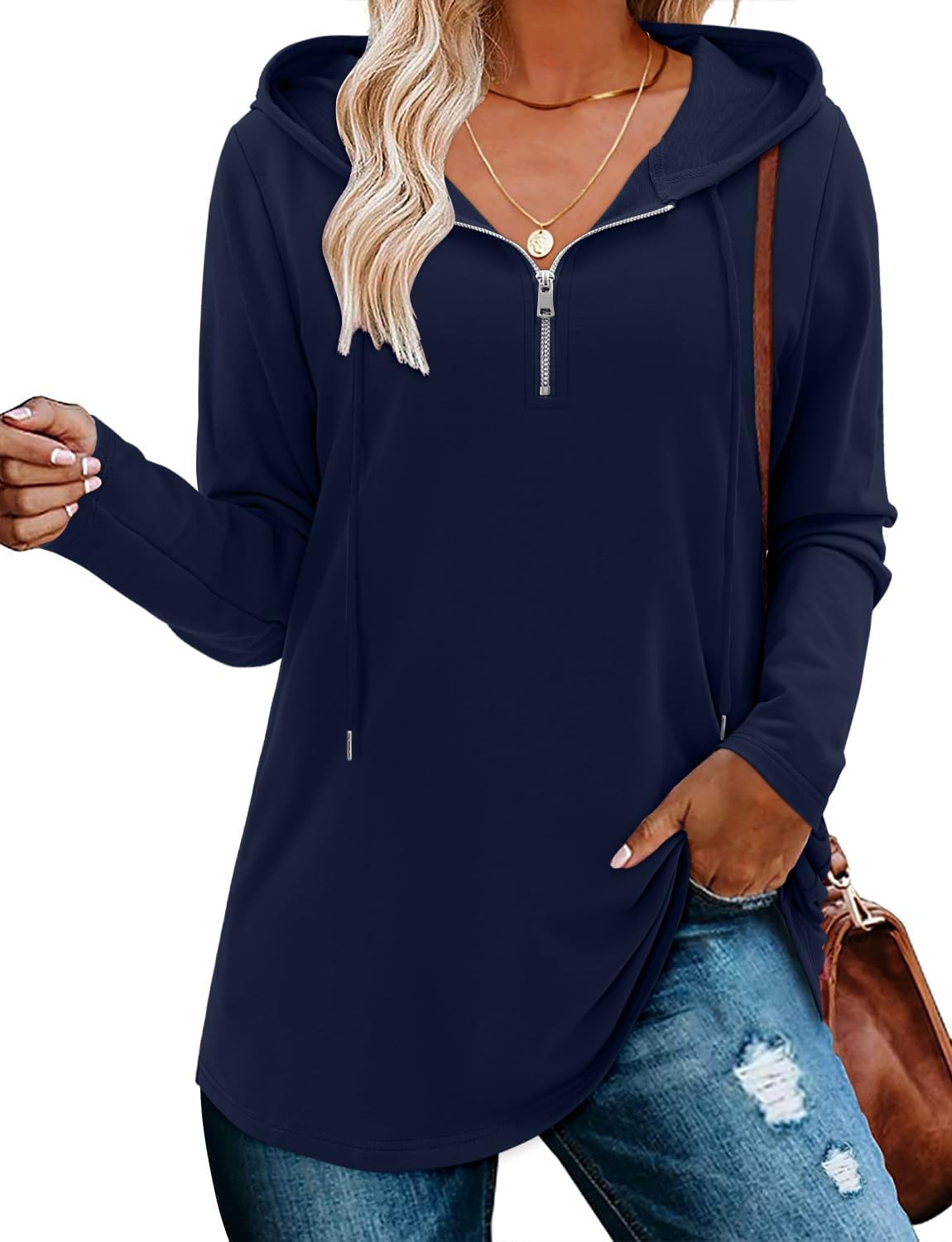 BETTE BOUTIK Womens Quarter Zip Tunic Hoodies Pullover Long Hooded Sweatshirts S-3XL