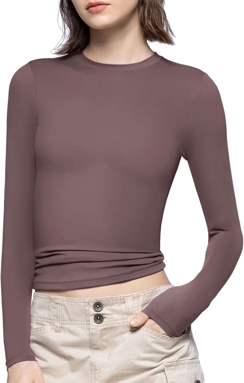 PUMIEY Women's Long Sleeve T Shirts Crew Neck Slim Fit Tops Sexy Basic Tee Smoke Cloud Pro Collection