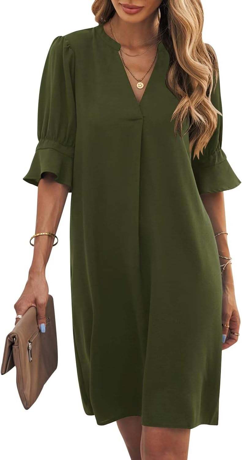 Wkior Shift Dress for Women V Neck Short Sleeves Solid Color Casual Flowy Summer Dresses(S-2XL)