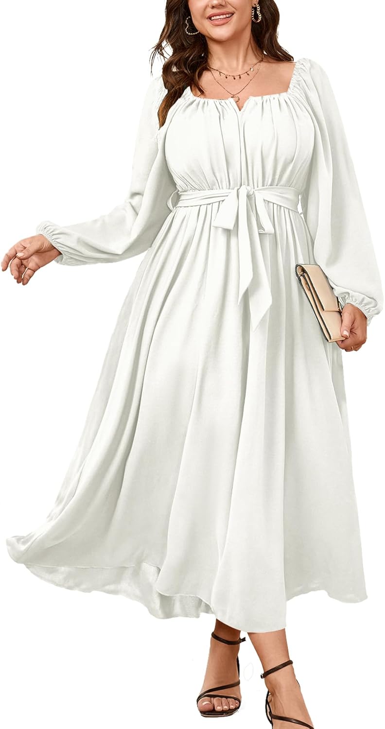 SCOMCHIC Women Plus Size Maxi Dress Long Sleeve Square Neck Wedding Guest Cocktail Belted Elegant Flowy A Line Long Dresses