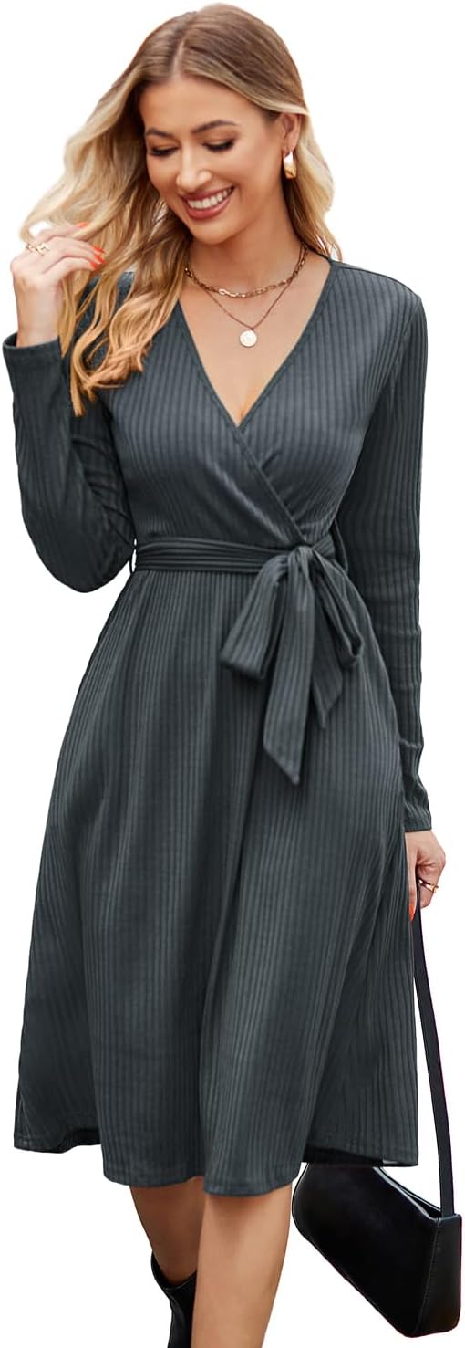 Newshows Womens 2025 Fall Dresses Teacher Church Business Casual Work Outfits Knit Midi Sweater Pockets Belt Dress