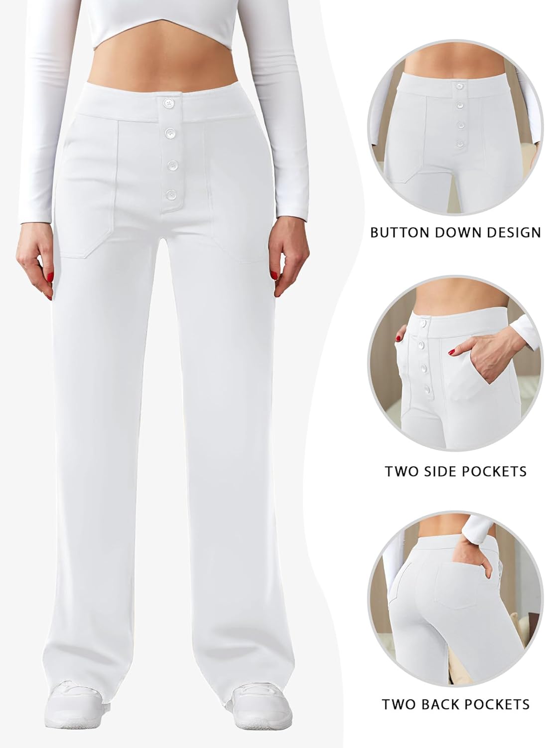 Womens Casual High Waist Straight Leg Pants Stretchy Button Business Dress Work Pocket Trousers