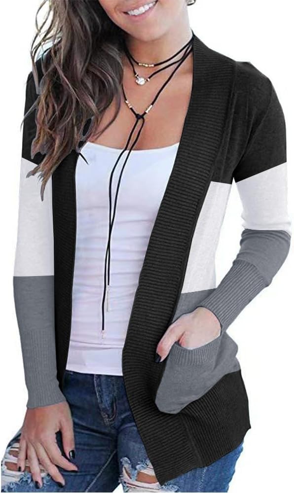VOIANLIMO Women's Open Front Casual Long Sleeve Knit Classic Sweaters Cardigan with Pockets
