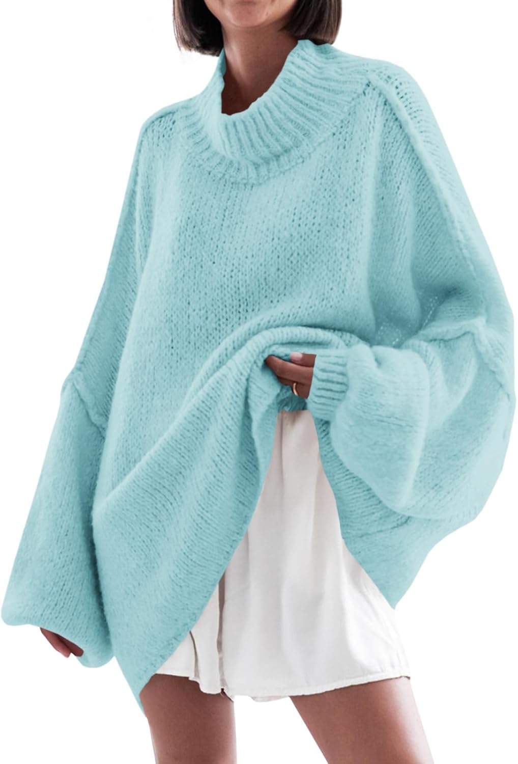 Saodimallsu Womens Oversized Sweaters Mock Neck Batwing Long Sleeve 2025 Fall Trendy Ribbed Knit Casual Tunic Sweater