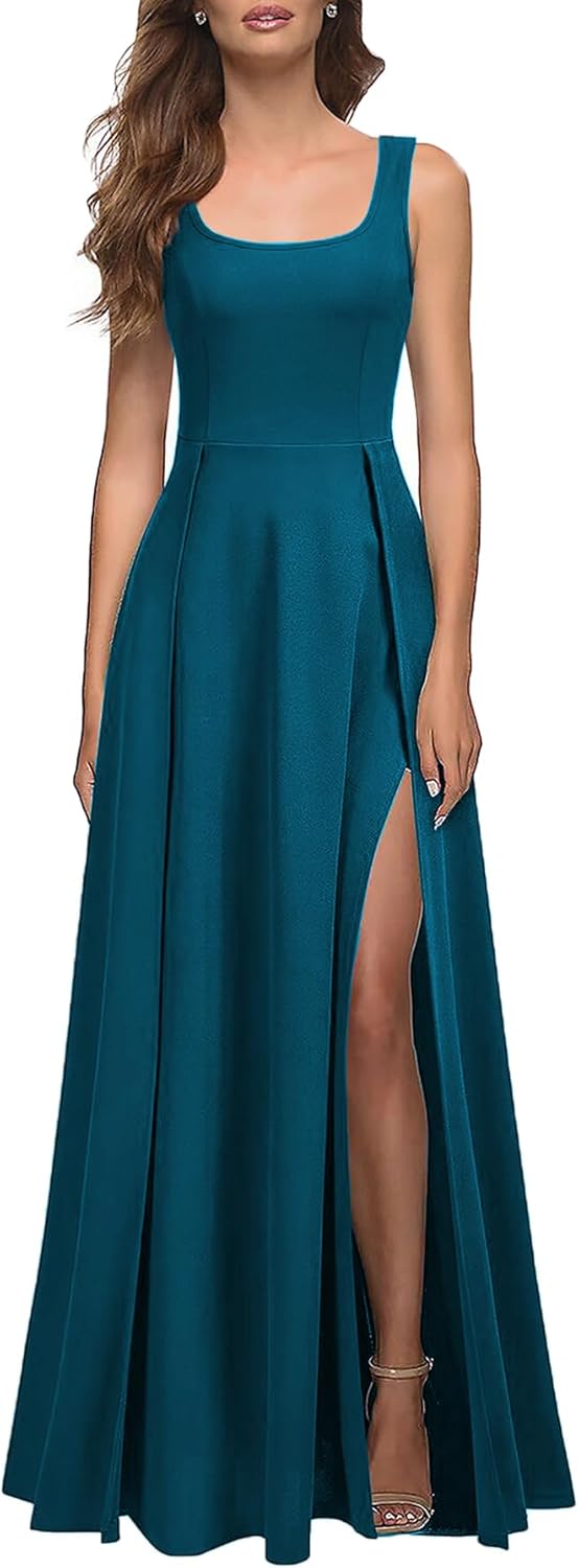 MUSHARE Women's Square Neck Sexy Split Cocktail Party Maxi Long Formal Dress