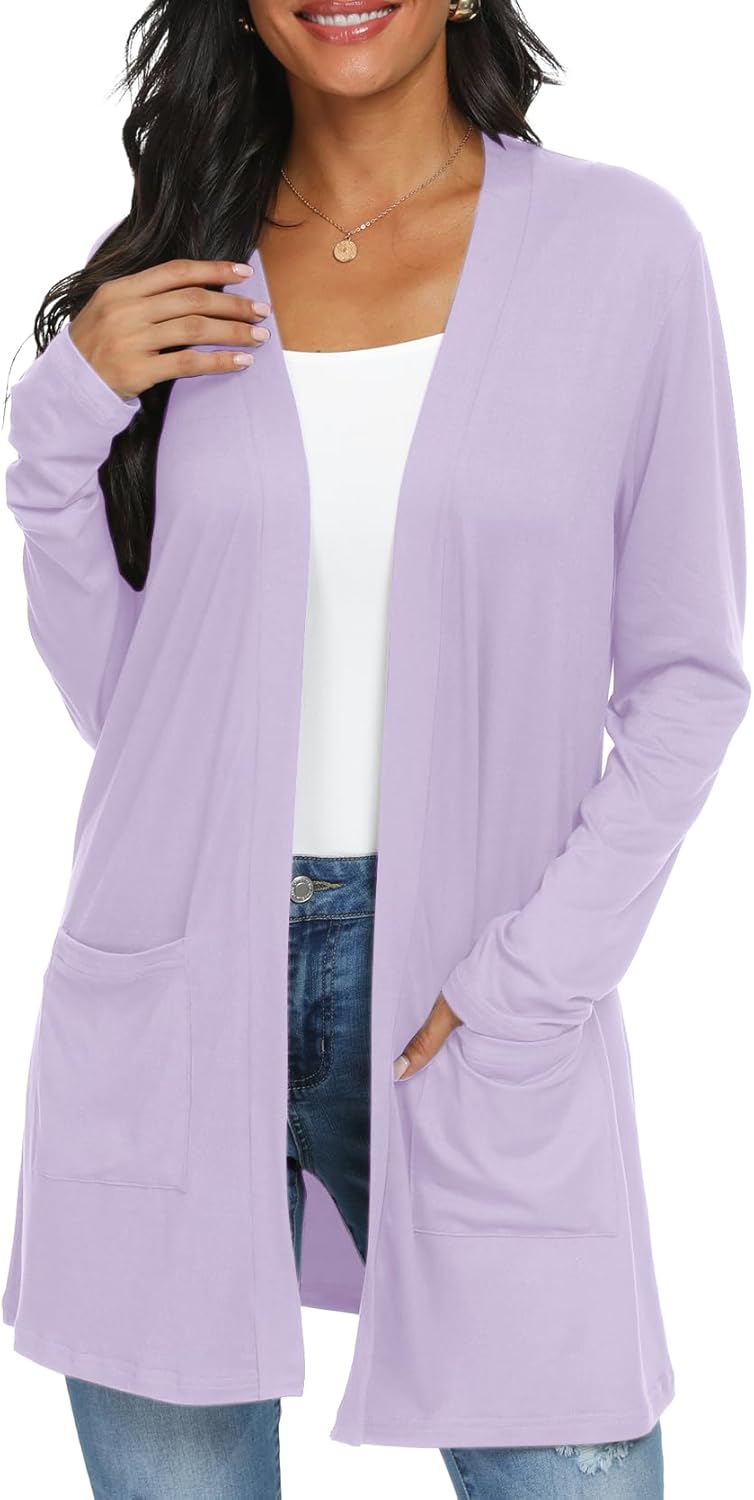 Womens Casual Lightweight with Pocketes Long Sleeve Open Front Cardigan